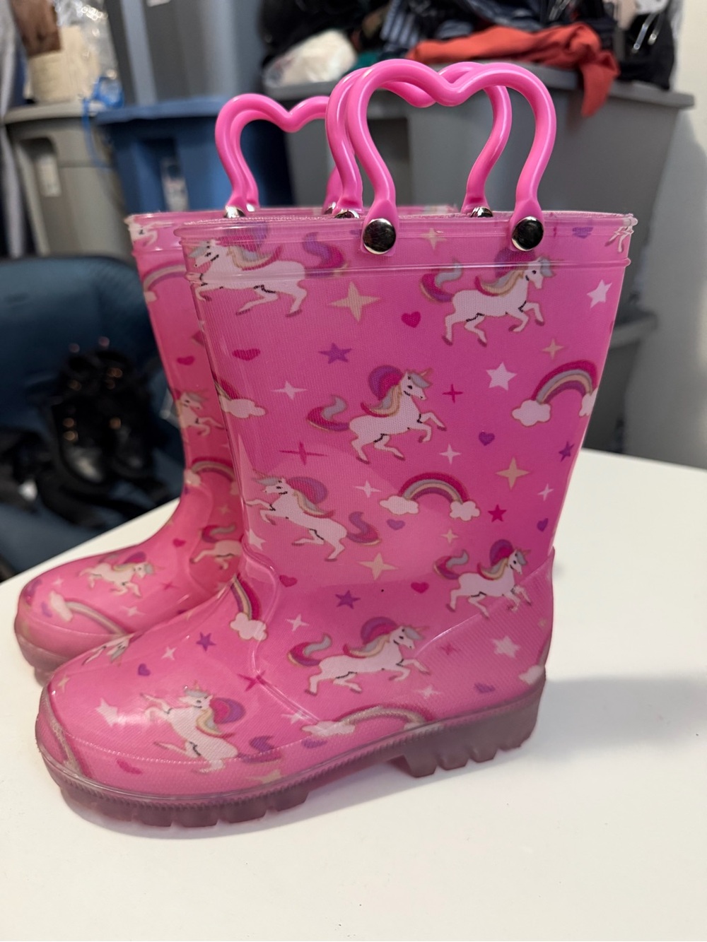 Girls Pink Unicorn Rain Boots with Heart Handles